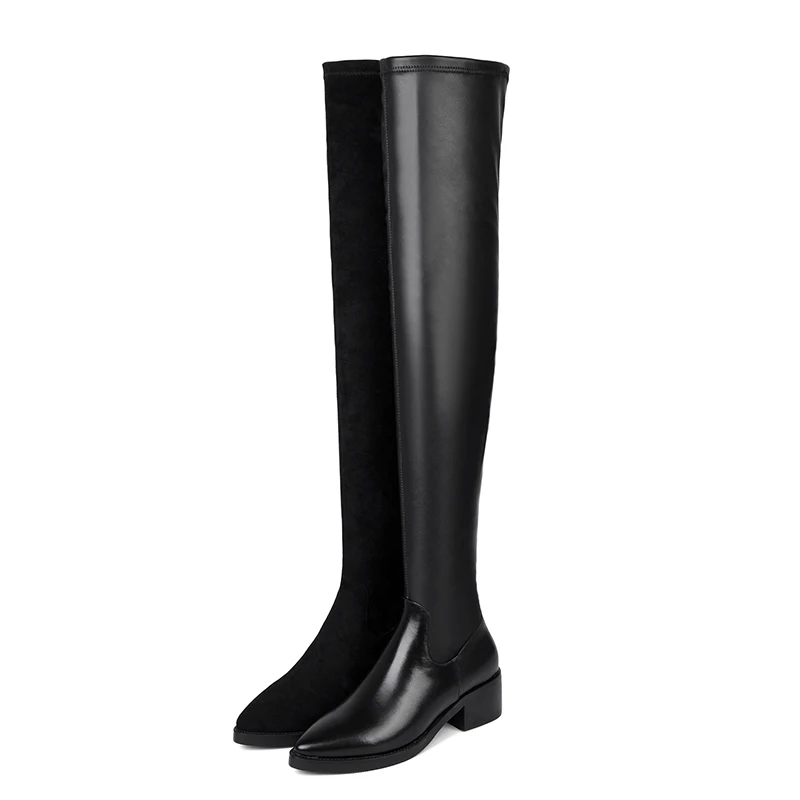 TXCNMB Leather Square Heels Over The Knee Boots Women Dress Wedding Shoes Woman Round Toe Autumn Boots Large Size 43