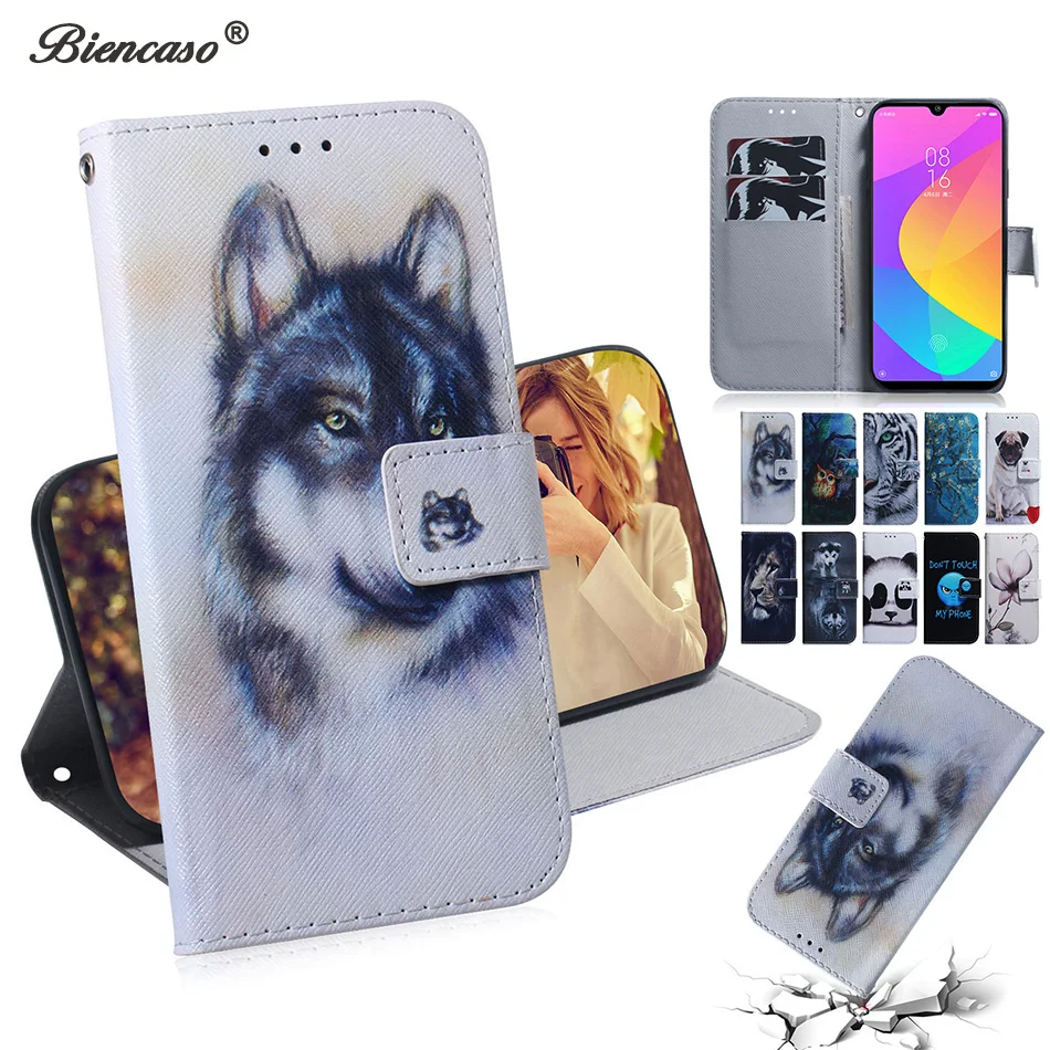 

Coque For Xiaomi CC9 CC9E 9T A3 Wolf Flip PU Leather + Wallet Cover For Redmi Note 7S 7 6 Pro K20 Pro Redmi 7A Y3 Go Phone Bag