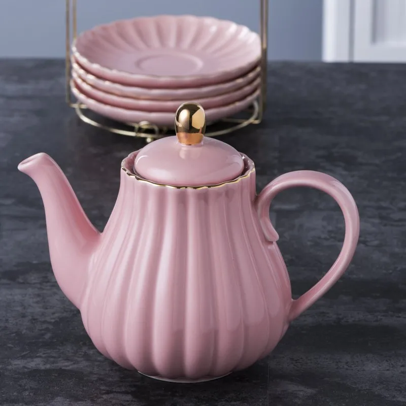 Полосатый горшок, четыре чашки, блюдце, японский кофейный набор, кувшин, золотой цветочный чайный сервиз, керамический костяной фарфор чайные сервизы пудинг чашка - Цвет: pink pot