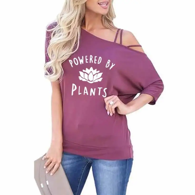 

New VEGAN Letters Print T-Shirt For Plus Size Tops Cotton Funny Women Slanted Shoulder Sleeve Women Cropped Camiseta Cactus