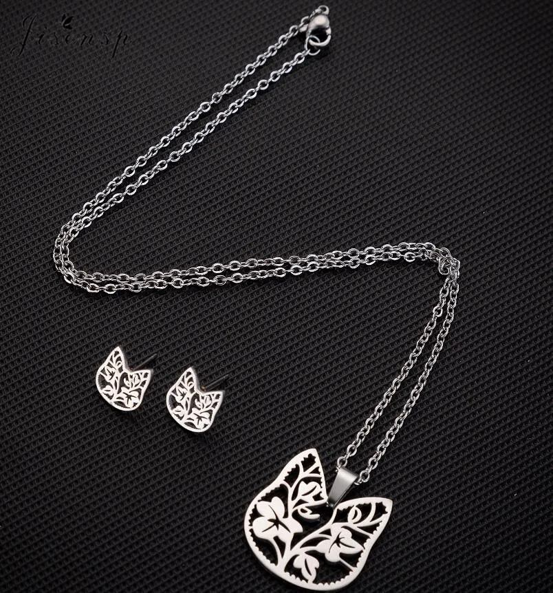 Jisensp Stainless Steel Jewelry Sets Unique Design Cat Flowers Choker Necklace Earrings Fashion Jewelry for Women Party Gift