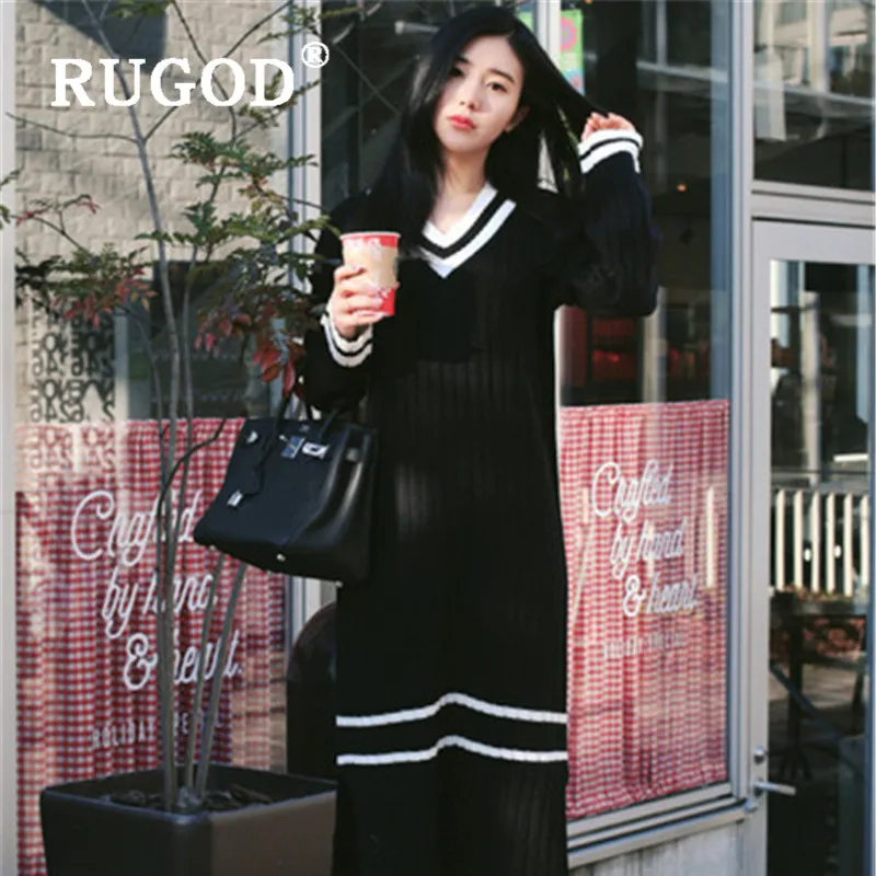 RUGOD 2019 Новое Женское вязаное платье-свитер в полоску с v-образным вырезом и