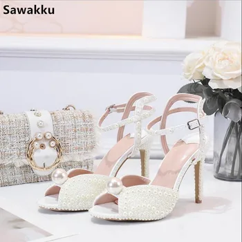 

Fashion Handmade Pearls Shoes Women Wedding Sandalias Summer Pumps Peep Toe Femmes Sandales High Heels Elegant Gladiator Sandals