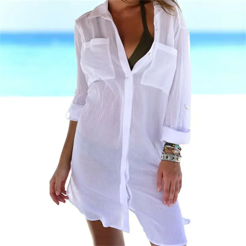 Womens Long Sleeve Shirt Pockets Long Tops Beachwear Swimwear Bikini Beach Wear Cover Up Button Ladies Summer Clothes