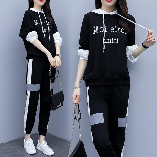 

2019 New Autumn Women Two Piece Set Top And Pants Plus Size 2 Piece Outfits Set Fashion Hooded Suit Casual Pullover Letter 5xl