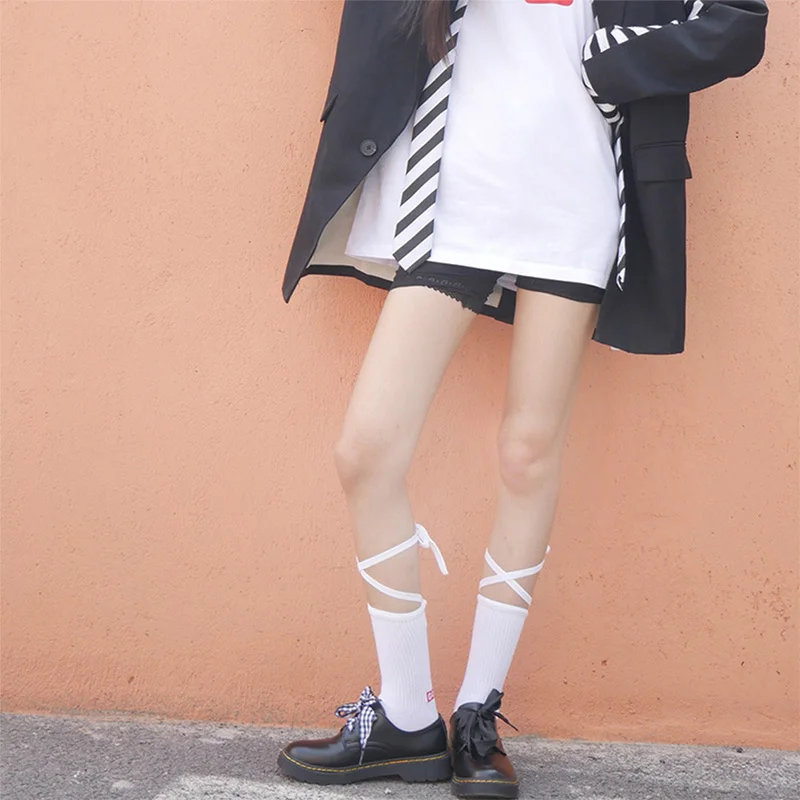 Модные японские хлопковые носки на шнуровке, ручная работа, носки с завязками, женские повседневные удобные носки, одноцветные носки