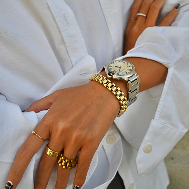 Peri'sbox Solid Gold Color Bold Heavy Thick Bangle for Women Classic Wide Link Chain Strap Stackable Bangle Stainless Steel - Image 4