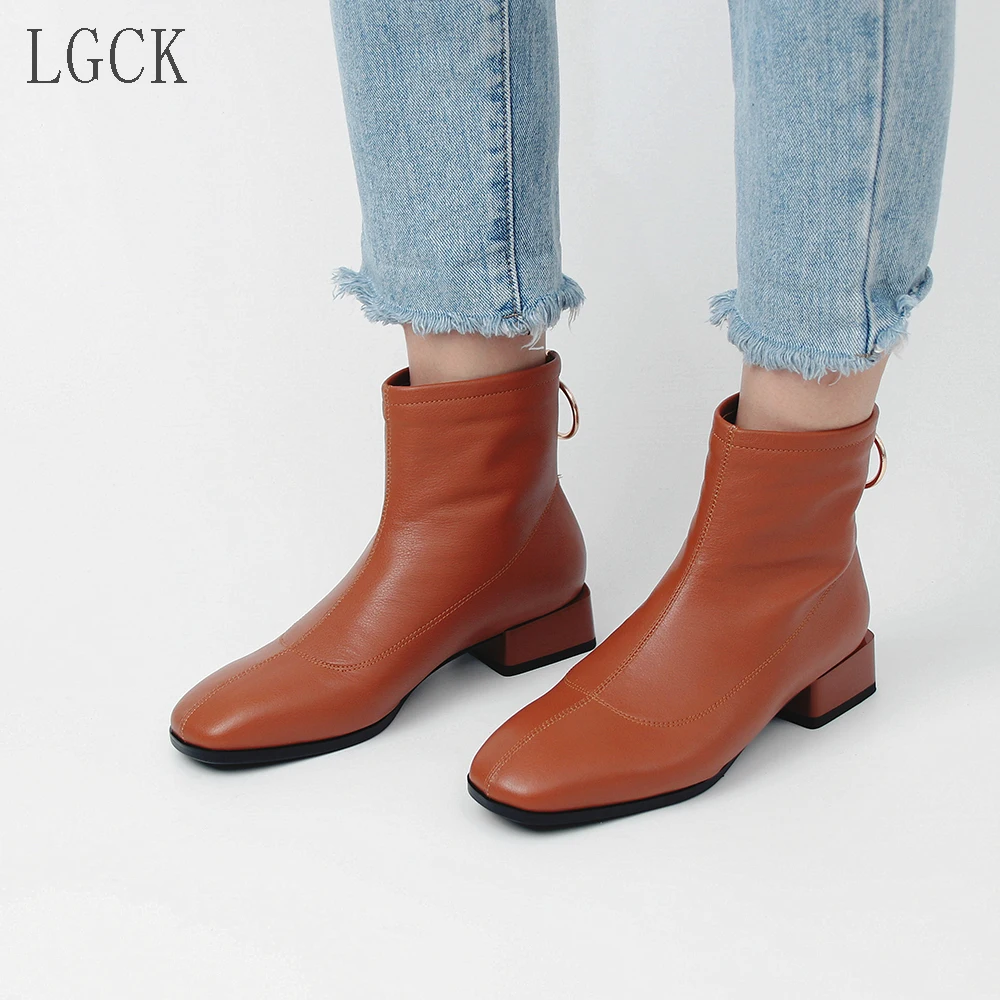 

Plus Size 34-43 New Genuine Leather Slim Stretch Sock Boots Winter Women Boots Square Heel Ankle Boots Motorcycle Botas Shoes