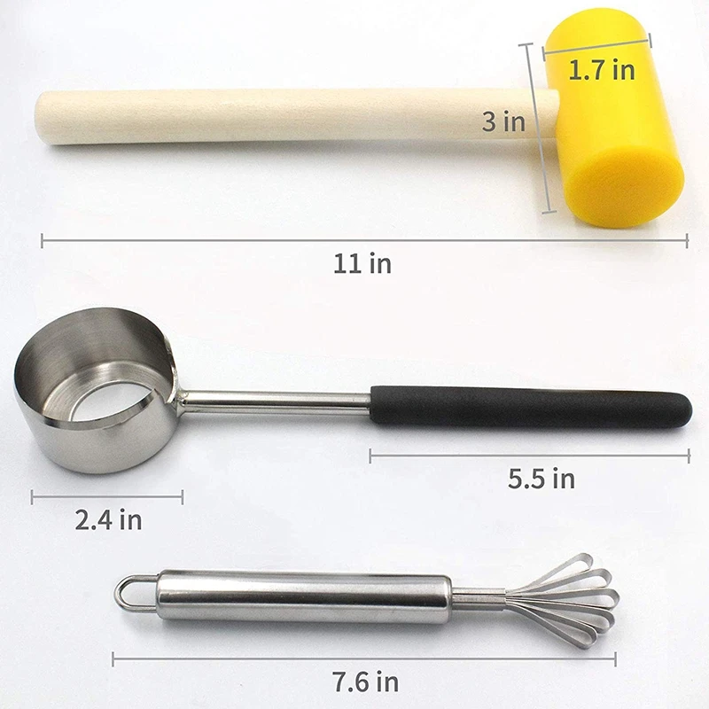 Coconut Bottle Opener for Young and Mature Coconuts Coconut Tool Set with Hammer and Stainless Steel Knife to Remove Meat