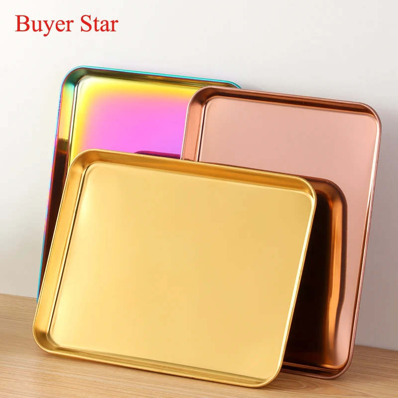 1/2PCS Golden Stainless Steel Storage Tray Square Food Display Plate With Cooling Rack Baking Oil Drain Oven Tray BBQ Tool