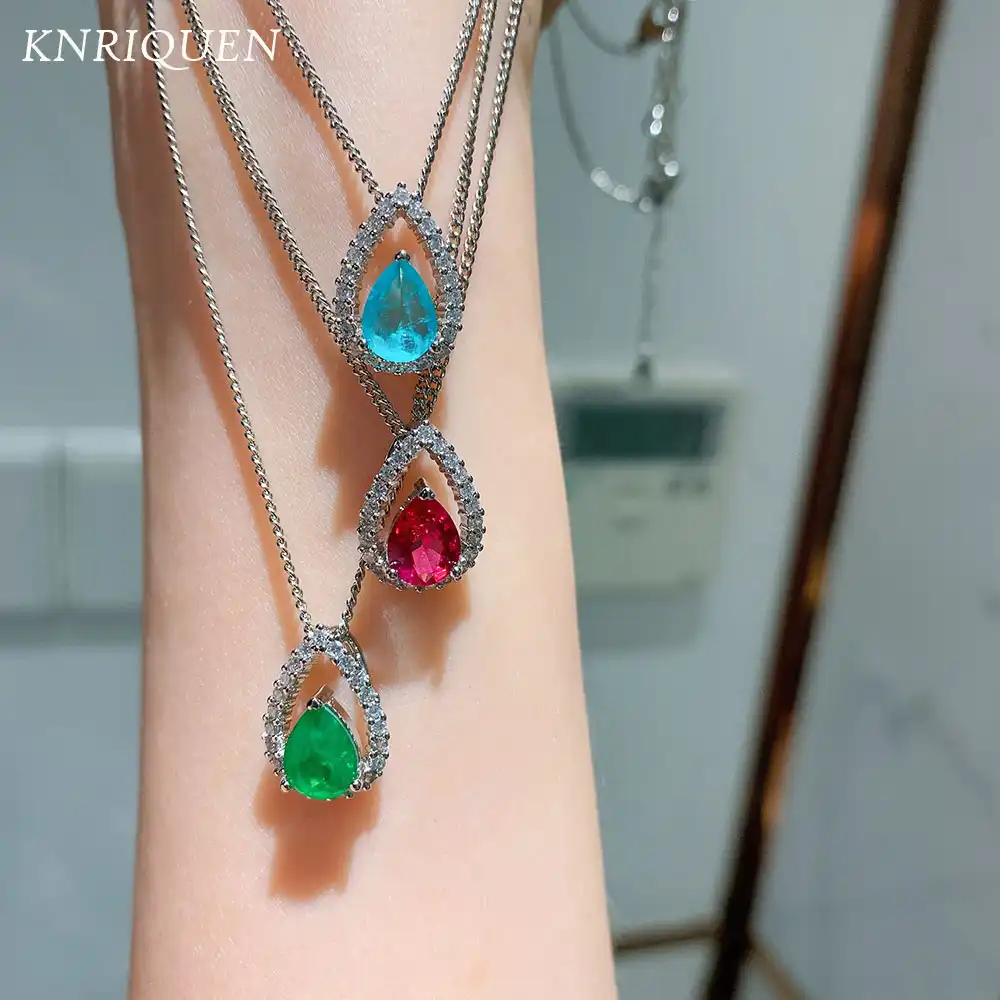 21トレンドシミュレーションparaibaトルマリンエメラルドルビー宝石用原石の女性のペンダントネックレス925スターリングシルバーウェディングファインジュエリー ネックレス Aliexpress