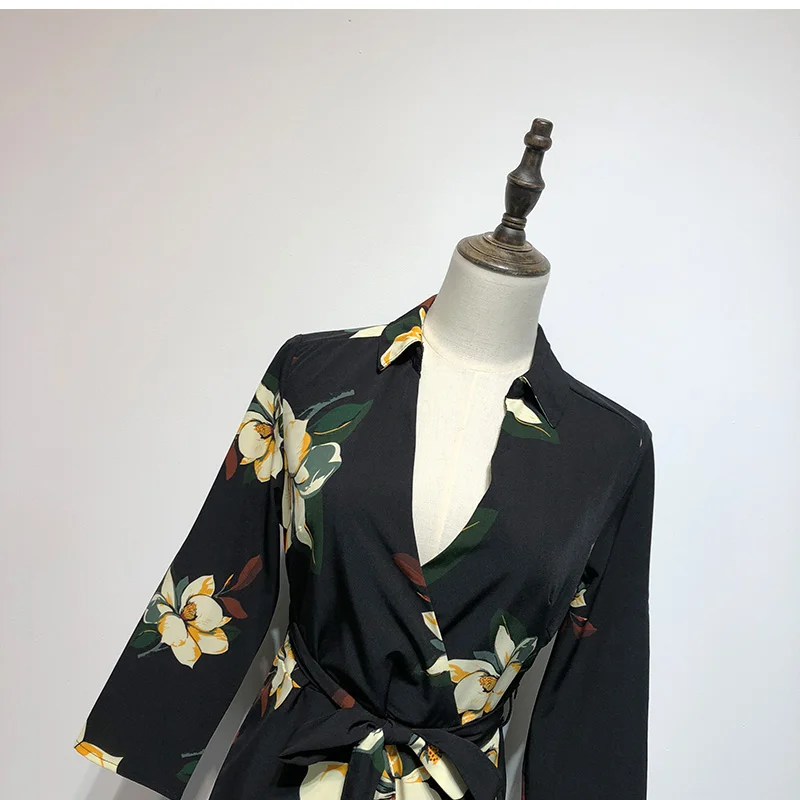 Womens Sexy Print Dress Women Vintage Sexy Deep V Neck Floral Dress Bow Tie Sashes Female Spring Streetwear Dresses Vestid