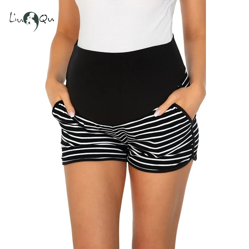 Maternity Summer Shorts Striped High Waist Women's Shorts Belly Elastic
