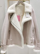  Winter Lambs Wool Jacket Women Thick Long Sleeve Cotton Padded Warm Suede Faux Shearling Sheepskin Fur Motorcycle Coat 