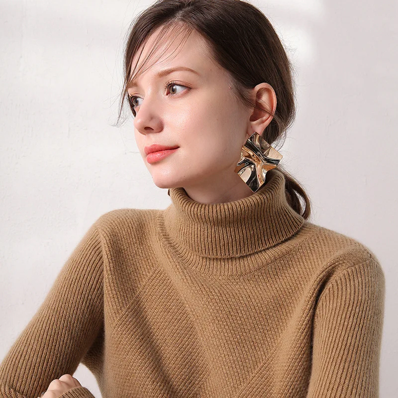 

2019 Autumn And Winter New Style High Collar 100% Pure Woollen Sweater Women's Pullover Fold-down Collar Solid Color Twill Sweat