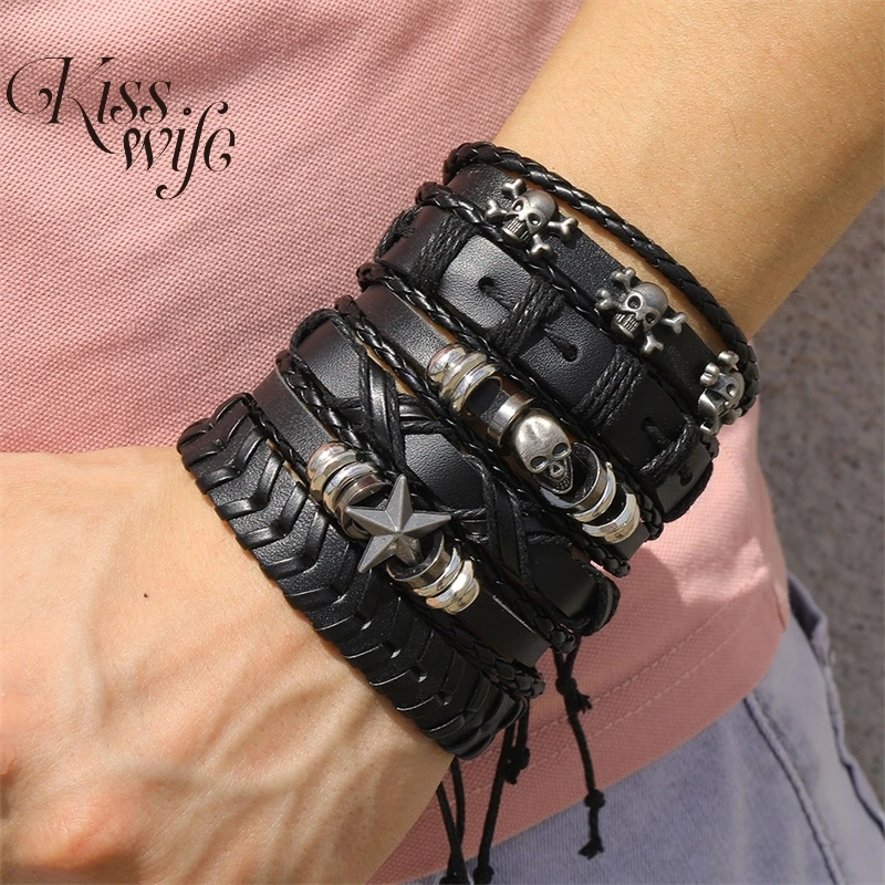 Rock Skull Star Feather Multiple Layers Leather Bracelets For Men Charms Bracelets