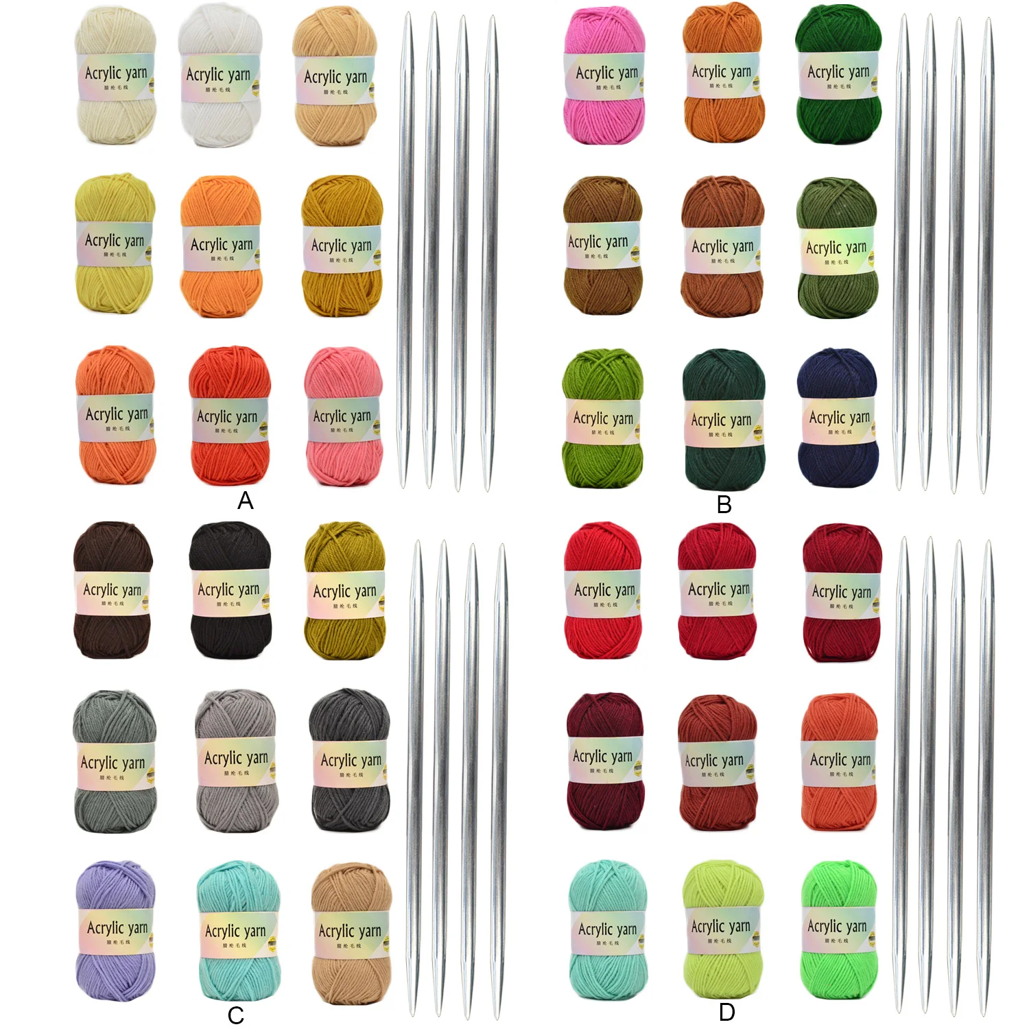 9 Roll Assorted Colors Acrylic Yarn with 4pcs Double Point Knitting Needles for DIY Scarf Hat Gloves Christmas Doll Toys Crafts | Дом и сад