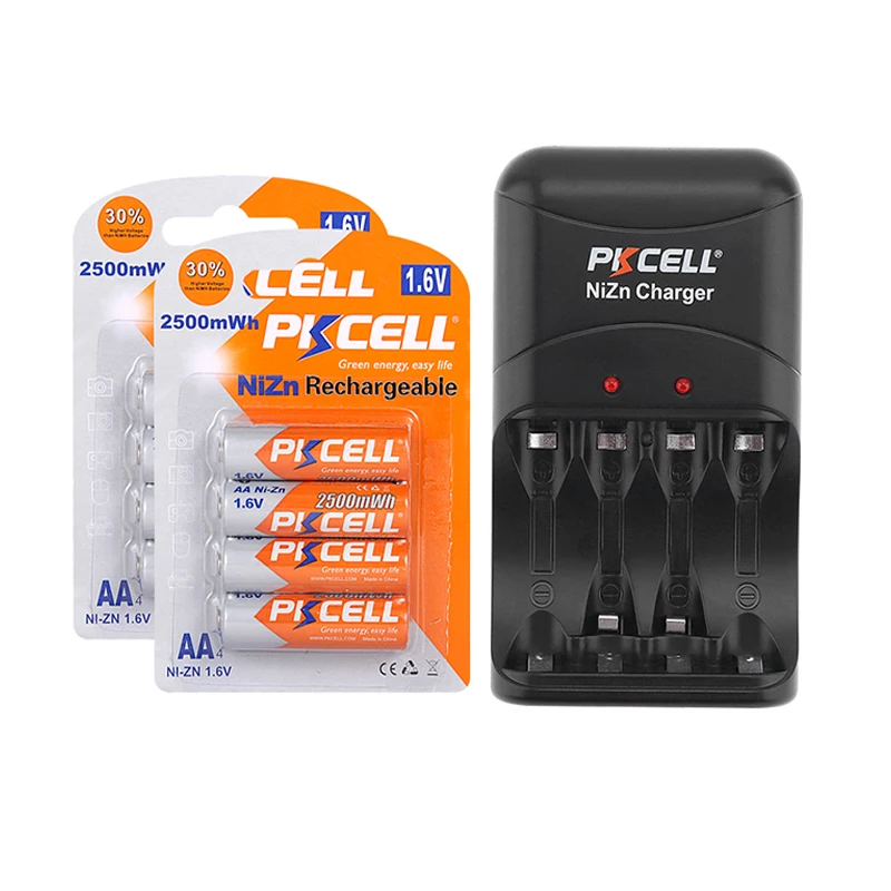 8PCS PKCELL 1.6V AA NI-ZN battery 2500mWh 2A aa Rechargeable Batteries and 1PCS NI-ZN Battery Charger for AA AAA battery