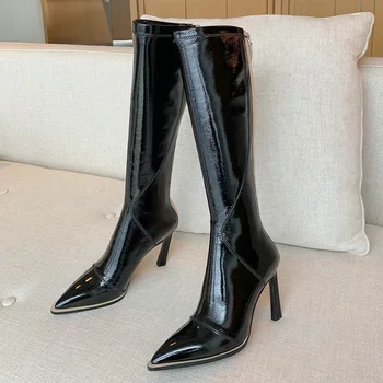 

Classic Women Boots New Fashion Autumn Winter Thin High Heels Chelsea Knee High Boots Black Zipper Shoes Woman Long Boots 34-39