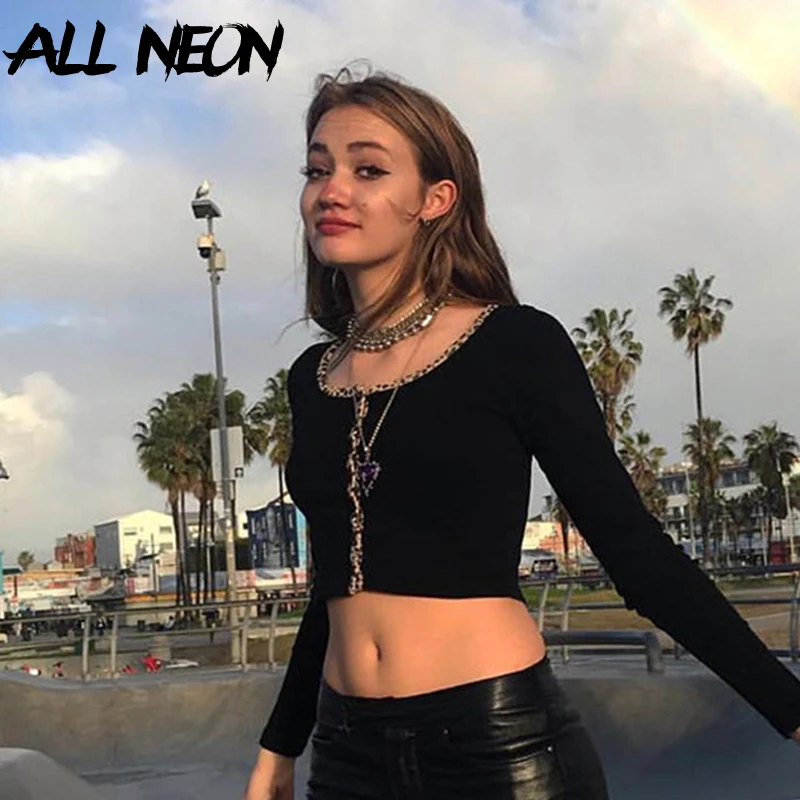 

ALLNeon E-girl Autumn Vintage Single-breasted Patchwork Leopard Print Cardigans Punk Style O-neck Long Sleeve Ribbed Crop Tops