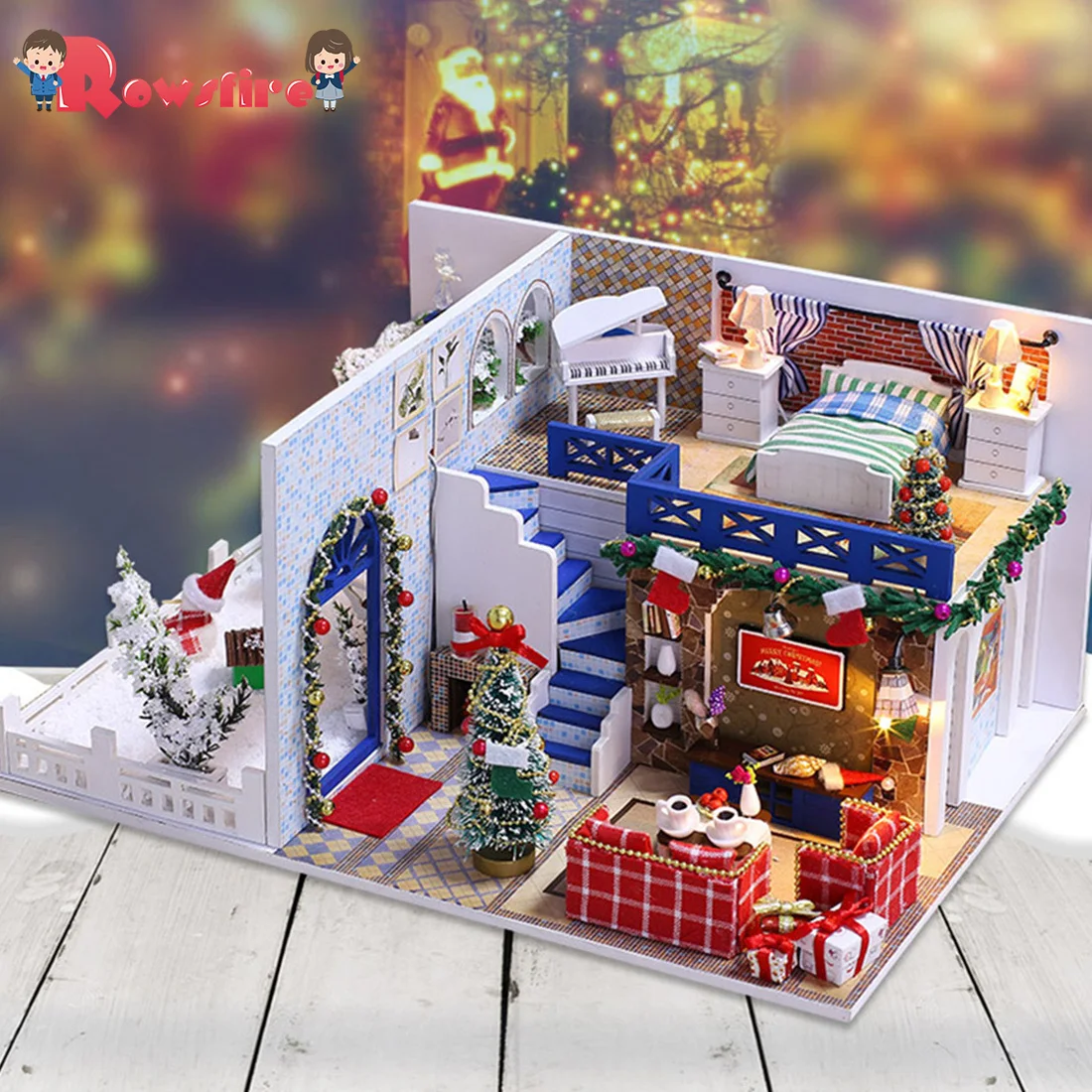 

DIY Creative Handmade Theme Wooden Cabin Assembly Building Model Toy Set - Azure Christmas