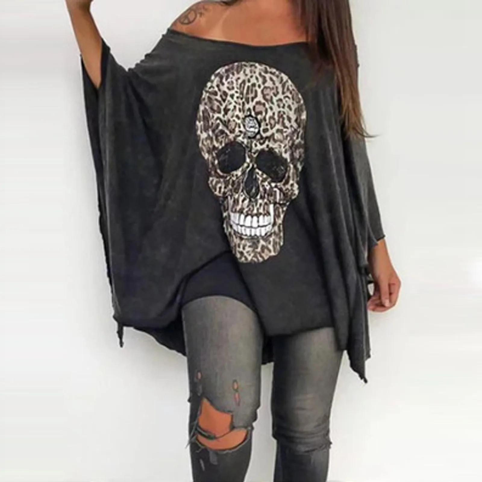 Harajuku Women T Shirt Sexy One-shoulder Top Oversized T-shirt Skull Print Bat Shirt Casual Loose Women Tops Camisetas De Mujer 1