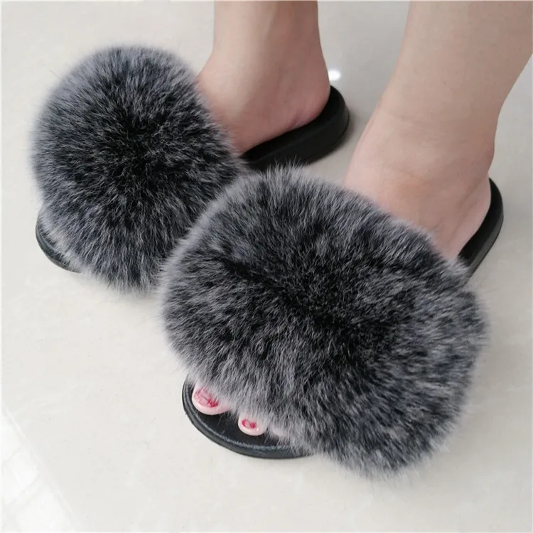 Women Fox Fur Slippers Real Fox Fur Slides Lovely Plush Slippers Woman Summer Home Sandals Women Fur Slides Furry Flip Flops Hot - Цвет: as pic shows 26