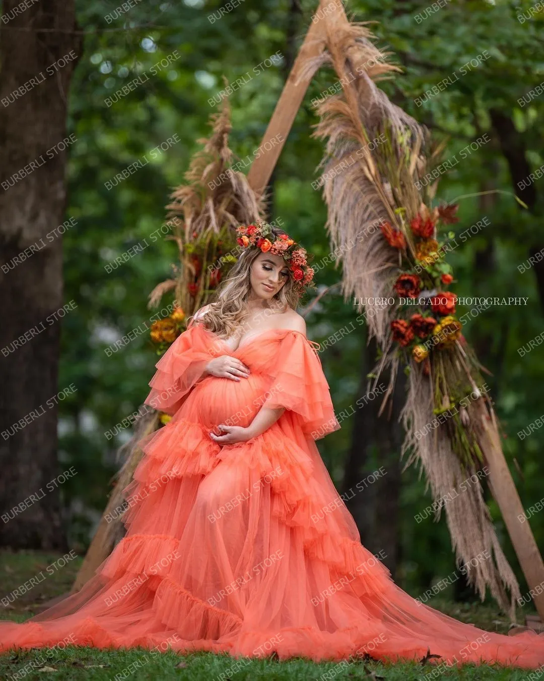 Pretty Coral Tulle Pregnancy Dresses A 