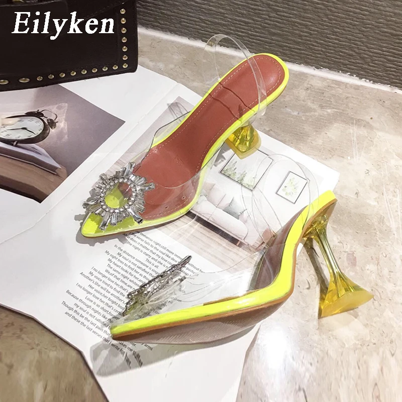 Eilyken желтые прозрачные женские туфли из ПВХ лодочки с острым носком и кристаллами