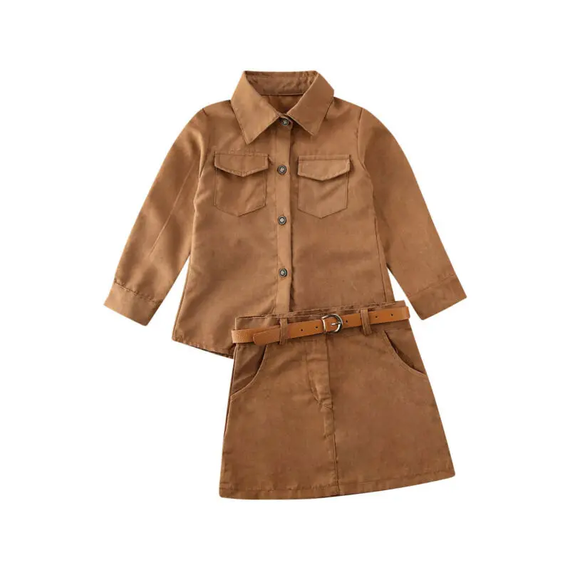 Новая детская рубашка с искусственным мехом для маленьких девочек+ юбка+ пояс, комплекты одежды с платьем