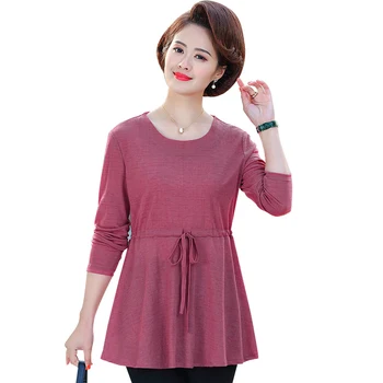 

Solid Color T-Shirts Long Sleeve Women Tops Pullovers 2020 Spring New XL-5XL Large Size Middle Age Mother Tee Shirts Femme