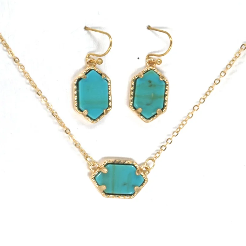 Druzy Drusy ожерелье серьги ювелирный набор Смола серьги с камнем золото шестиугольник Висячие серьги для женщин вечерние - Окраска металла: D green