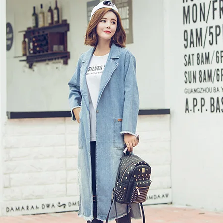 Photo Shoot New Style Korean-style Jeans Coat Fairy Mid-length Loose Casual Large Pocket with Holes Denim Windbreaker
