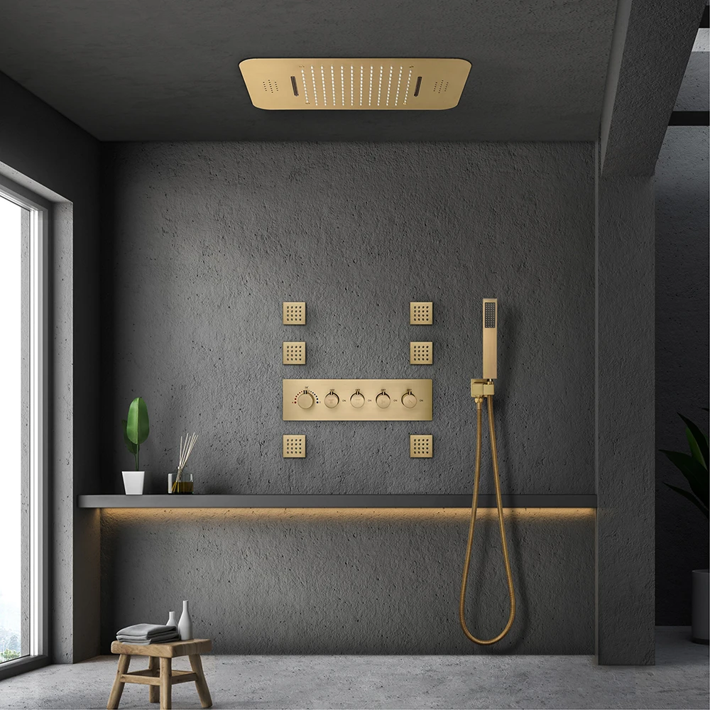 Luxurious Brushed Gold Thermostatic LED Shower System Bathroom Faucet Music Rain Shower Panel Higt Pressure Waterfall Showerhead