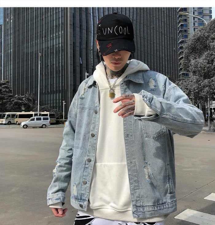 AELFRIC винтажные мужские джинсовые куртки с принтом монстра Harajuku хип хоп пальто с отверстиями модная Уличная Повседневная мужская одежда с длинным рукавом