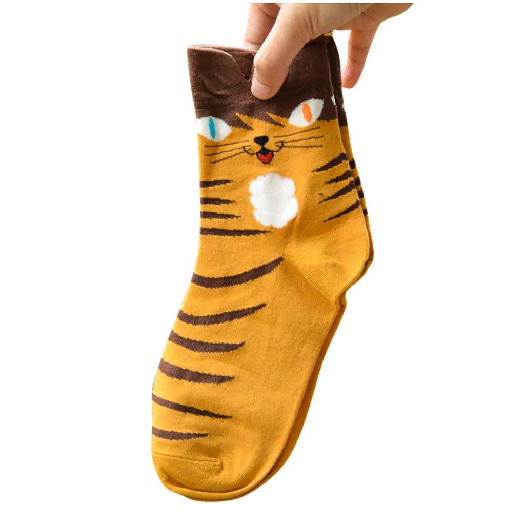 Женские носки, зимние полосатые носки для скейтборда с мультяшным котом, удобные женские носки из хлопка, милые носки для девочек желтого цвета