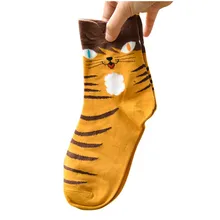 Женские носки, зимние полосатые носки для скейтборда с мультяшным котом, удобные женские носки из хлопка, милые носки для девочек желтого цвета
