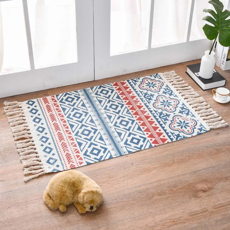 

Bohemian Geometric Welcome Floor Rug Cotton Linen Hand Woven Door Mat Bedroom Tassels Prayer Carpet Home Decor
