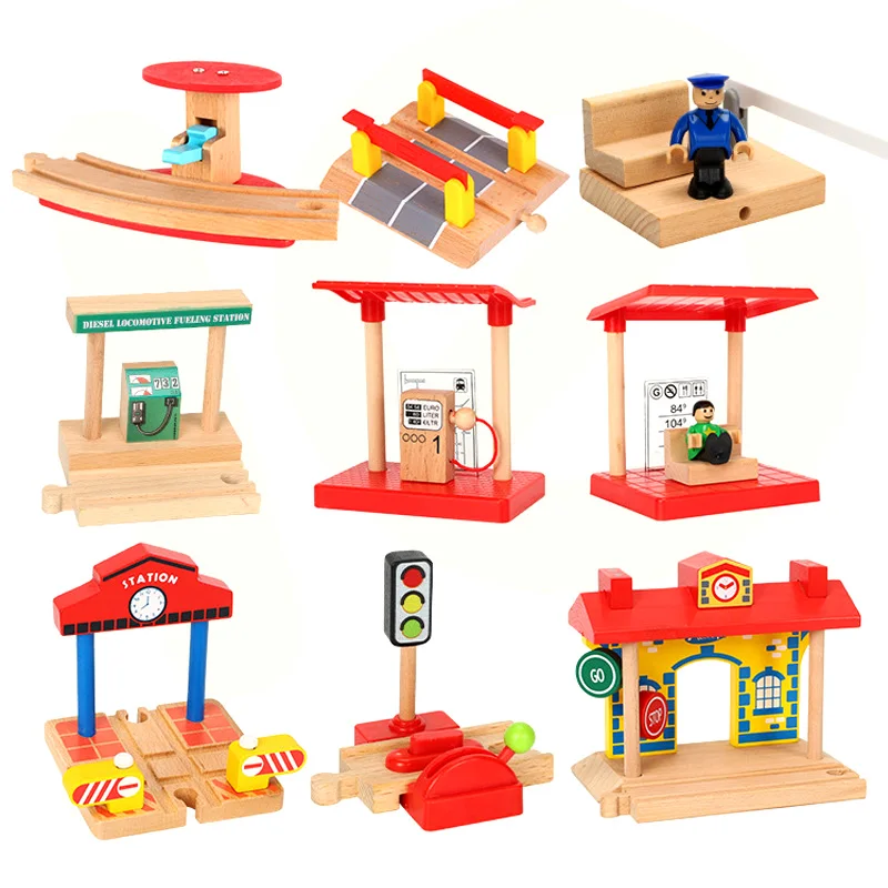 Wood Railway Toy Small Gas Station Train Cross Road Block Accessories Fit for Thomas Biro Wooden Track Toys Kids Xmas Gifts | Игрушки и