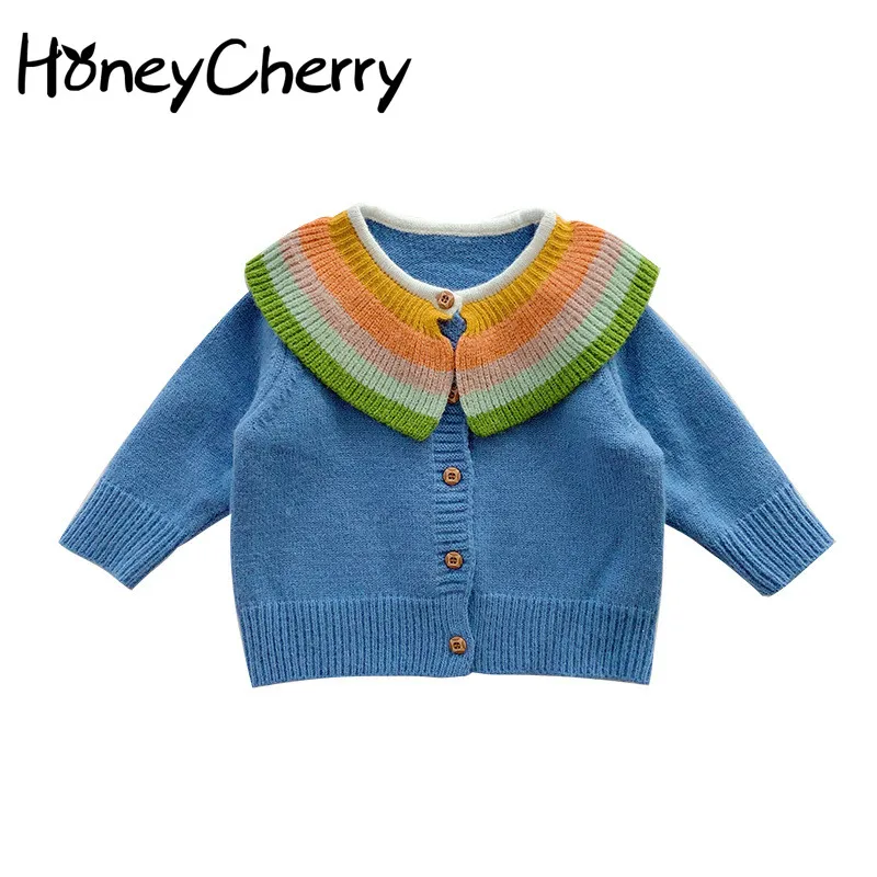 

Girls Cardigan 2020 New Style Kids' Sweater Knitted Spring and Autumn Girls Rainbow Lapel Sweater