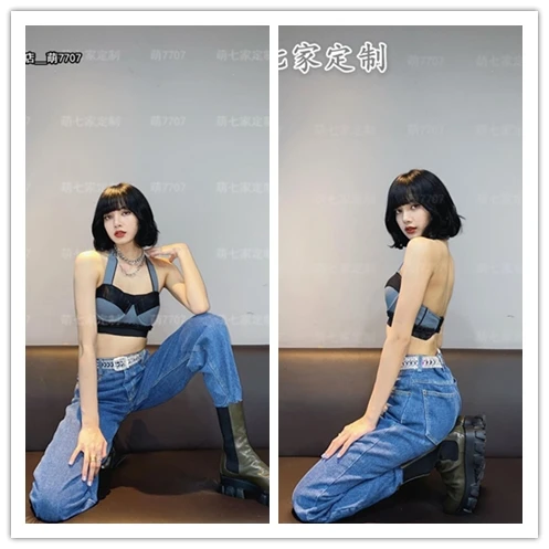 kpop Korean Singer stage show same sexy slim sleeveless strapless halter vest tops+blue loose High waist jeans women 2 piece set