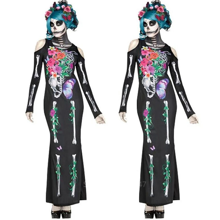 Skeleton Costume Women Halloween Dress Disguise Witch Day of The Dead Jumpsuit Horror Bride Cosplay Carnival Party Vampire Fancy