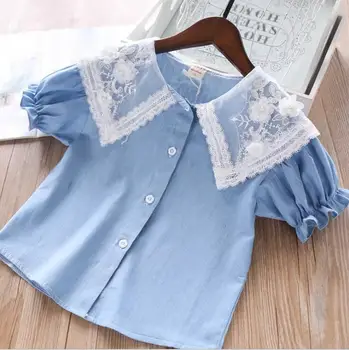 

2020 Baby Girls Summer Lace Floral Jean Blouse , Princess Kids Fashion Denim Top 5 pieces/lot, Wholesale