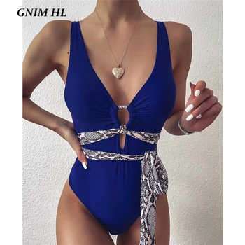 

GNIM Sexy Solid V Neck Bikini Swimsuit Women 2020 Bandage Swimwear One Piece Backless High Cut Swimming Suit For Women Biquinis