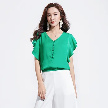 

2019 summer new European and American boutique women's temperament V-neck lotus leaf sweet