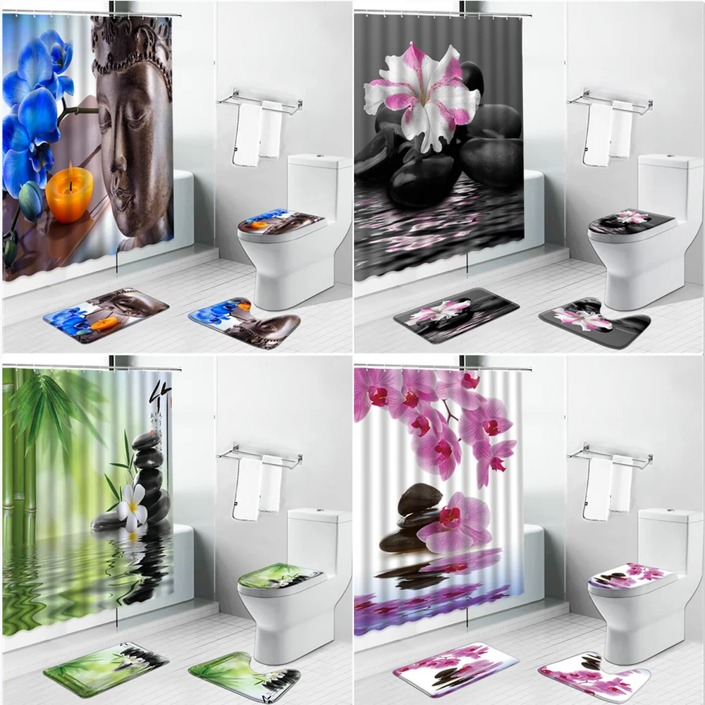 

Zen Stone Shower Curtains Bath Mat Green Bamboo Lotus Flower Bathroom Decor Non-Slip Rug Toilet Lid Cover Home Luxury Carpet Set