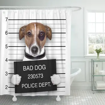 

Funny Mugshot of Wanted Dog Holding Animal Bad Shot Shower Curtain Polyester 72 x 78 inches Set with Hooks