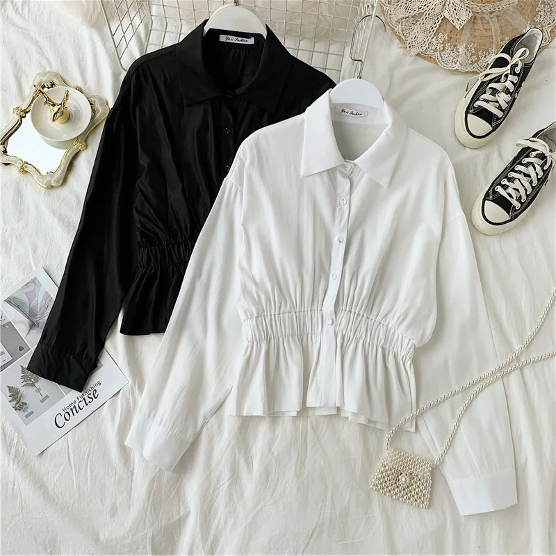 

Autumn 2019 New Lapel Long Sleeve Loose Bottoming Shirt Tops Women Retro Backless Bow White Black Blouse J369