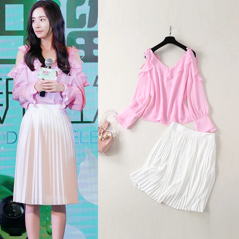 

2019 Summer New Products WOMEN'S Suit Yang Mi Celebrity Style Supply of Goods Flounced Off-shoulder Tops + Pleated Skirt Two-Pie