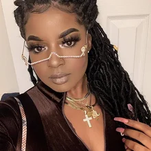 Новые модные очки, сплав, оправа для женщин, зеленый и красный драгоценный камень, без линзы, цепочка, подвеска, половина оправы, роскошные бриллиантовые очки